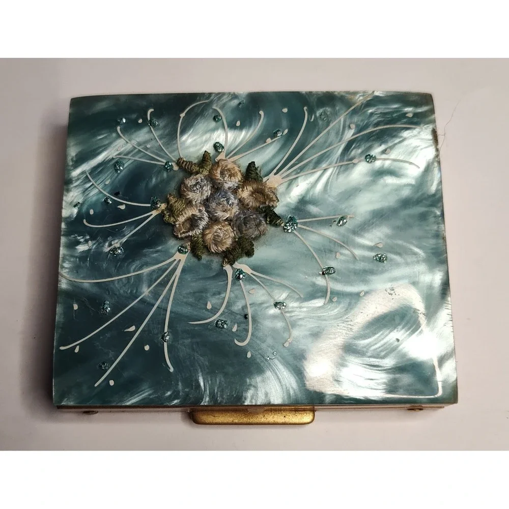 Vintage 1940s Marhill Blue Marbled Lucite Compact Photo Trinket Box Vanity MCM